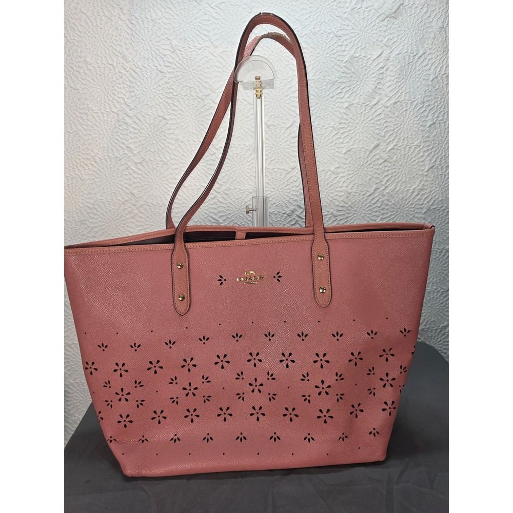 Coach City Tote Bag Womens Large Pink Good Floral Laser Cut LeatherFLAWED BAG